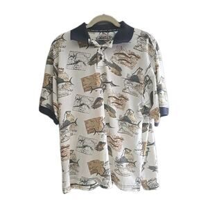 Vtg Beige Fish AOP Short Sleeve Golf Polo Shirt Dad Men's Size Large Fishing